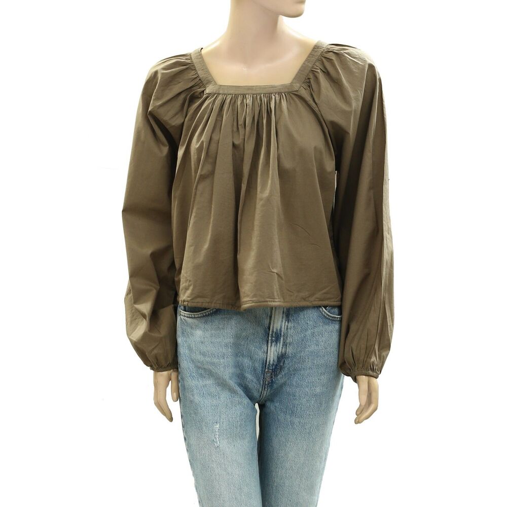 Merlette Solid Blouse Top Cotton Long Balloon Sleeve Brown Casual XS NEW 277932
